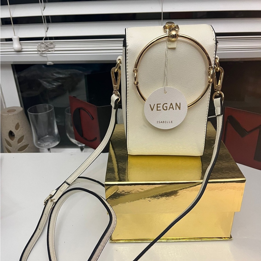 Vegan White Crossbody Bag with Gold Accents